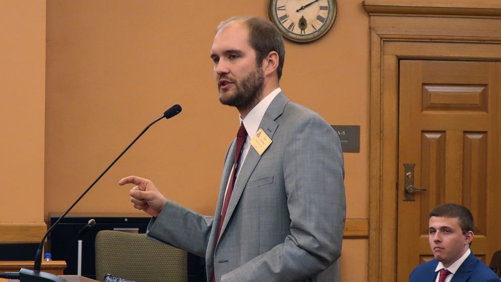 In this Wednesday, Feb. 19, 2020 photo, Zack Pistora, a lobbyist for the Sierra Club, testifies before the Kansas Senate Utilities Committee at the Statehouse in Topeka, Kan. Pistora and other environmentalists are frustrated that the Legislature isn