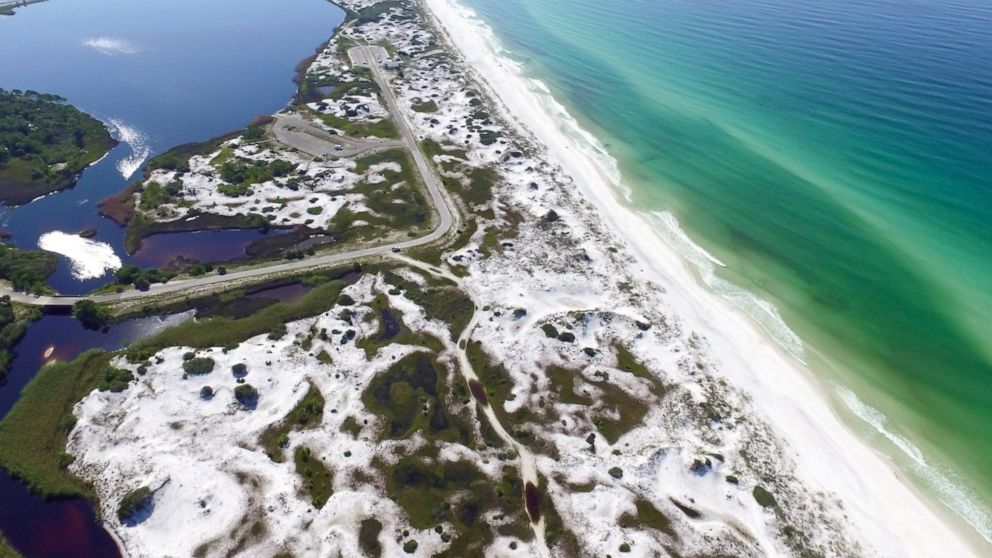 This Aug. 1, 2018, aerial photo made available by the Florida Department of Environmental Protection shows Grayton Beach State Park in Santa Rosa Beach, Fla. The beach earned the first spot of top U.S beaches according to Florida International Univer