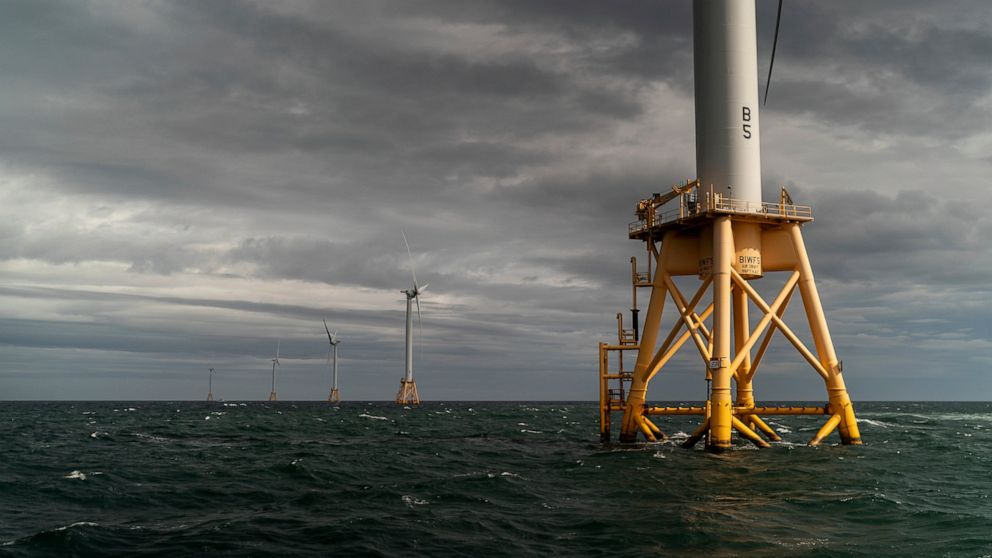 FILE - The five turbines of America's first offshore wind farm, owned by the Danish company, Orsted, stand off the coast of Block Island, R.I., in this, Oct. 17, 2022. The wind farm allowed residents of small Block Island to shut off five diesel gene