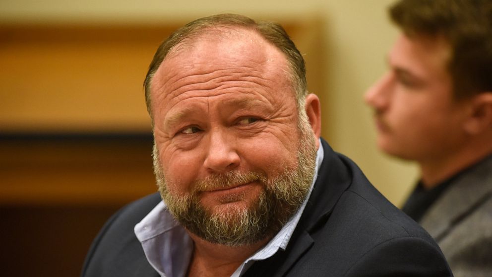 Infowars founder Alex Jones appears in court to testify during the Sandy Hook defamation damages trial at Connecticut Superior Court in Waterbury, Conn. Thursday, Sept. 22, 2022. Jones was found liable last year by default for damages to plaintiffs w