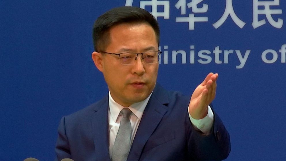 FILE - In this image made from video, Chinese Foreign Ministry spokesperson Zhao Lijian gestures during a media briefing at the Ministry of Foreign Affairs office, on Wednesday, April 6, 2022, in Beijing. China's government on Thursday, June 2, 2022,