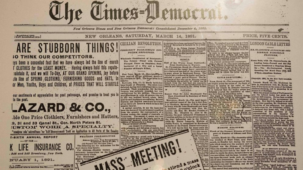 This photograph, taken Jan. 30, 2016 and provided by AWE News, shows a copy of a March 14, 1891, newspaper advertisement as shown in the Musee Conti Wax Museum exhibit about the lynching of 11 Italian immigrants, three of whom had been acquitted a da
