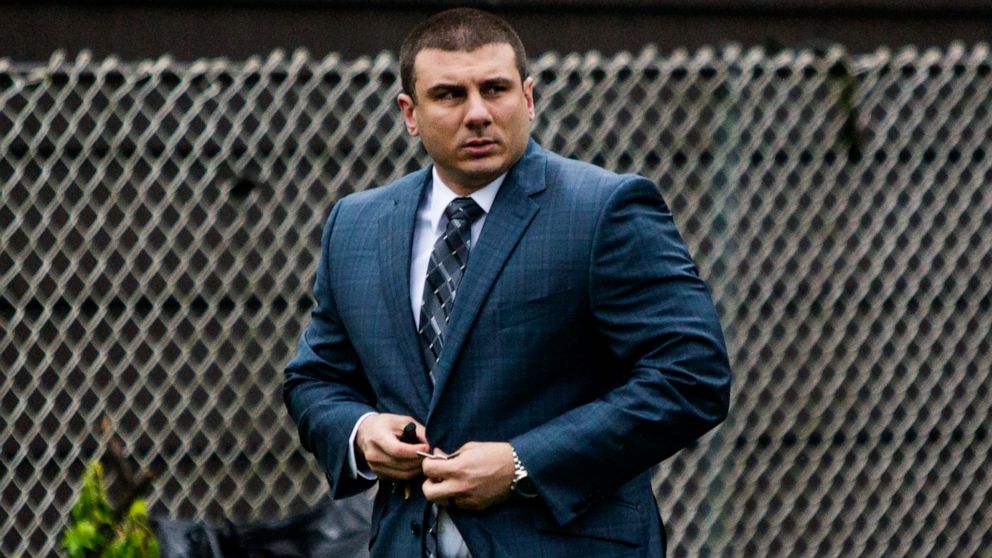 FILE - In this May 13, 2019, file photo, New York City police officer Daniel Pantaleo leaves his house in Staten Island, N.Y. Time is running out for federal prosecutors to take action in the 2014 death of Eric Garner, the unarmed black man heard on 