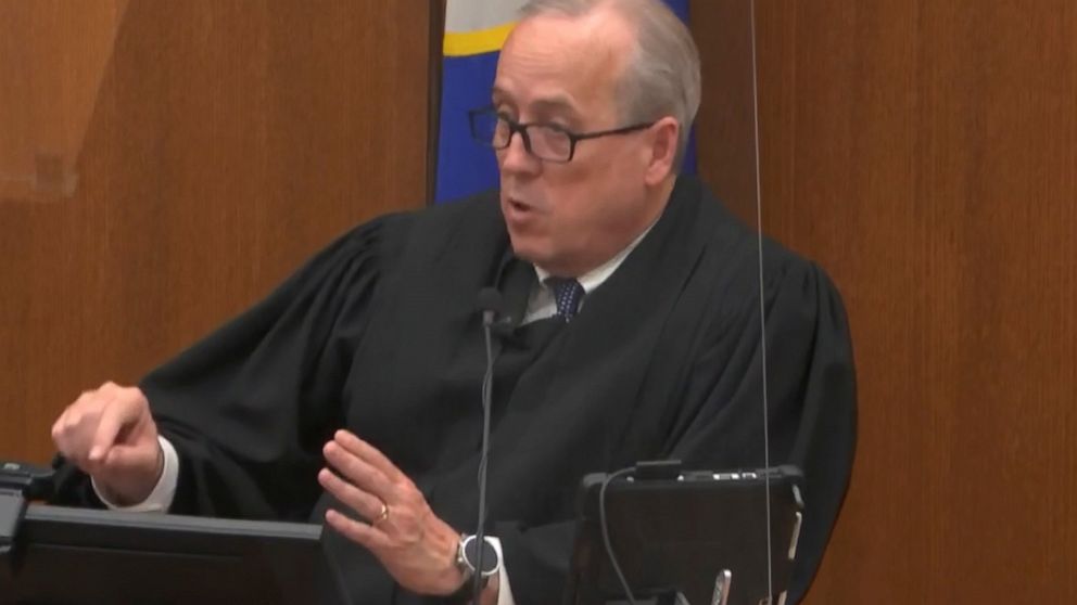 In this image from video, Hennepin County Judge Peter Cahill dresses the court after the judge put the trial into the hands of the jury. Monday, April 19, 2021, in the trial of Chauvin, in the May 25, 2020, death of George Floyd at the Hennepin Count