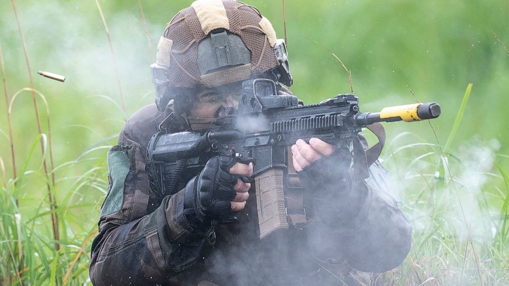 A French army soldier take part in a joint military drill between Japan Self-Defense Force, French army and U.S. Marines, at the Kirishima exercise area in Ebino, Miyazaki prefecture, southern Japan Saturday, May 15, 2021. (Charly Triballeau/Pool Pho