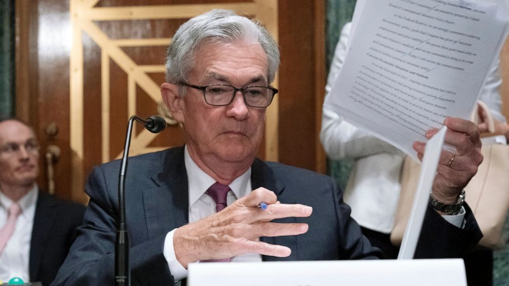 FILE - In this Thursday, July 15, 2021, file photo, Federal Reserve Board Chair Jerome Powell testifies before a Senate Banking, Housing, and Urban Affairs hearing to examine the Semiannual Monetary Policy Report to Congress, on Capitol Hill in Washi