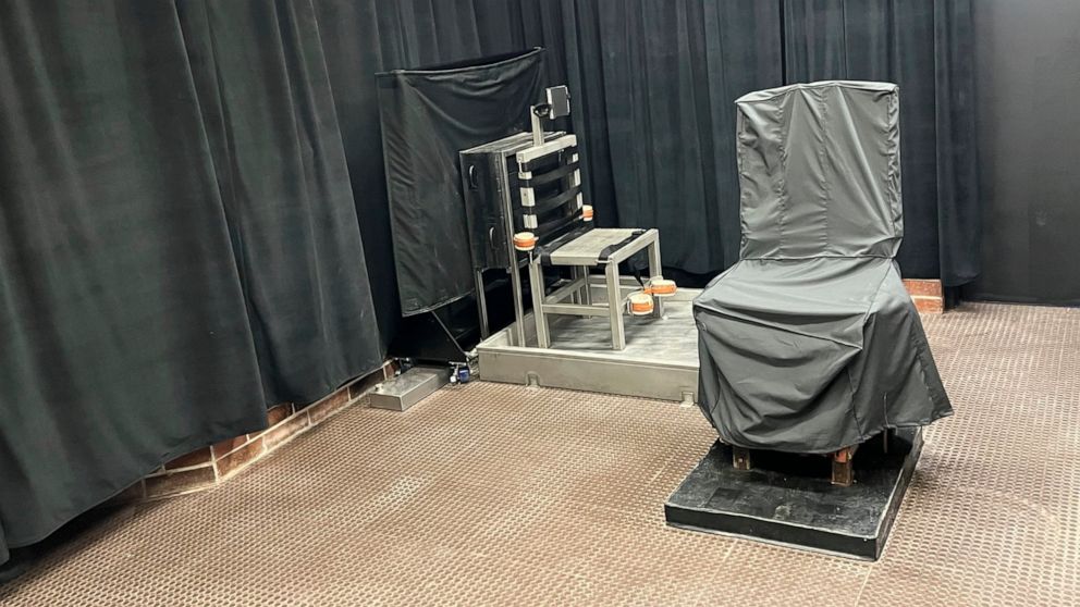 FILE - This photo provided by the South Carolina Department of Corrections shows the state's death chamber in Columbia, S.C., including the electric chair, right, and a firing squad chair, left. A South Carolina judge ruled Tuesday, Sept. 6, 2022, th