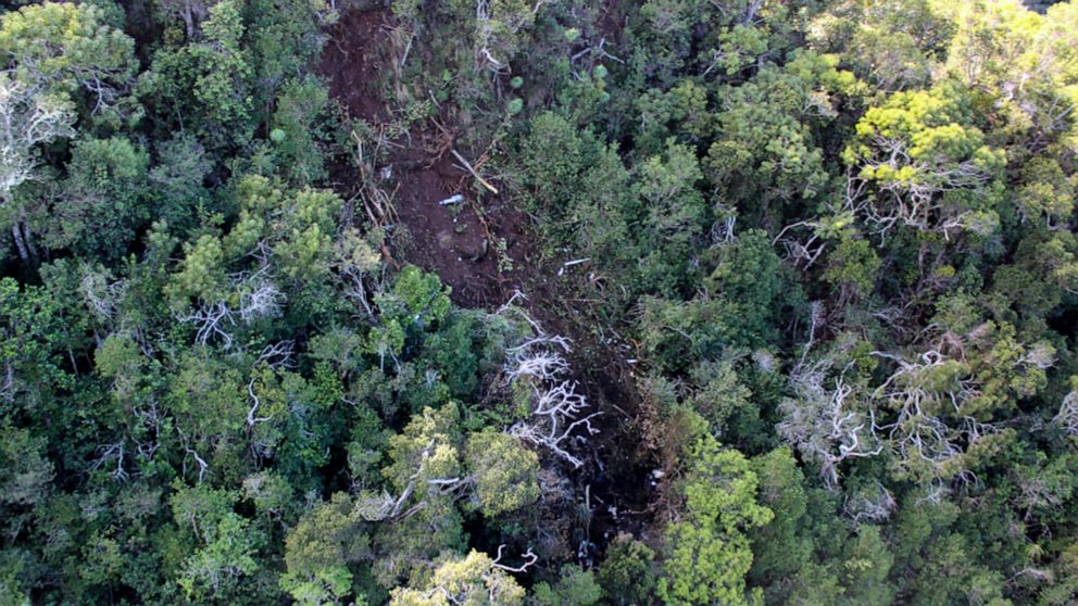 FILE — This undated photo provided by the National Transportation Safety Board shows the scene where a tour helicopter crashed near the Na Pali Coast on the island of Kauai in Hawaii, in 2019. Federal accident investigators blamed a deadly tour helic