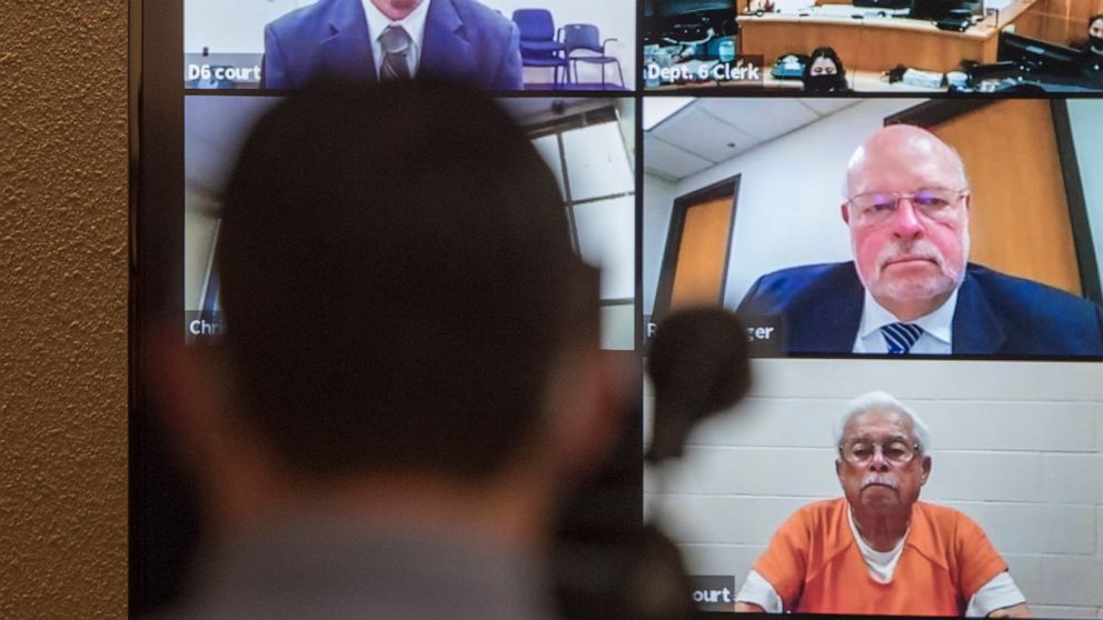 FILE - In this April 15, 2021, file photo defendants Paul Flores, top left, and his father, Ruben Flores, bottom right, appear via video conference during their arraignment in San Luis Obispo Superior Court in San Luis Obispo, Calif. The father and s