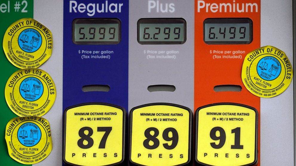 High gas prices are posted at a full service gas station in Beverly Hills, Calif., Nov. 7, 2021. Oil prices, which have a big impact on the price of gasoline and home heating oils, have been on an up-and-down ride since the fall. And while oil prices