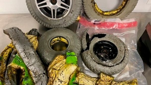 This photo provided by U. S. Customs and Border Protection shows cocaine seized by customs officers from a traveler who was smuggling the drugs in the wheels of her wheelchair at New York's Kennedy International Airport. The bust happened Nov. 10, 20