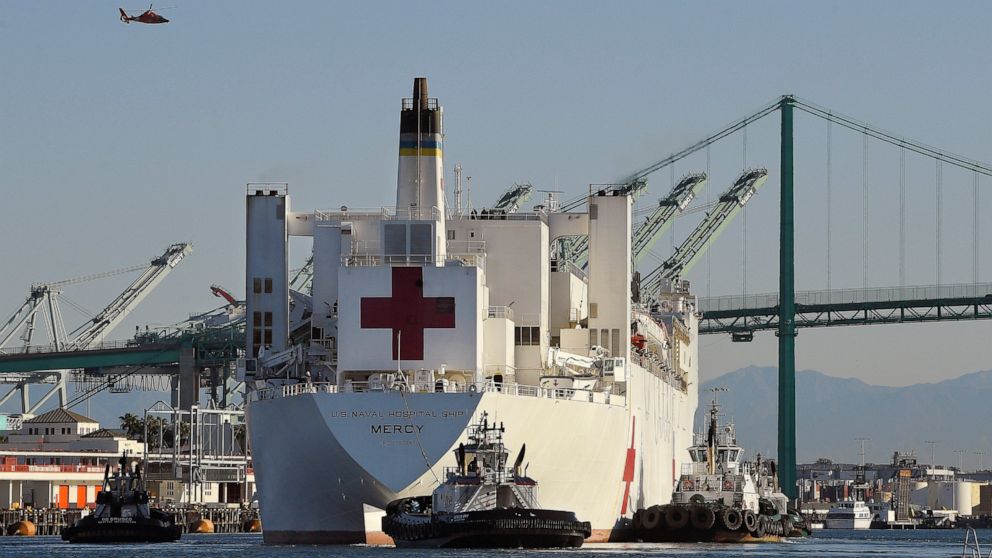 FILE - The USNS Mercy hospital ship enters the Port of Los Angeles, March 27, 2020. The Solomon Islands government on Wednesday, Aug. 31, 2022, asked countries to not send naval vessels to the South Pacific nation until approval processes are overhau