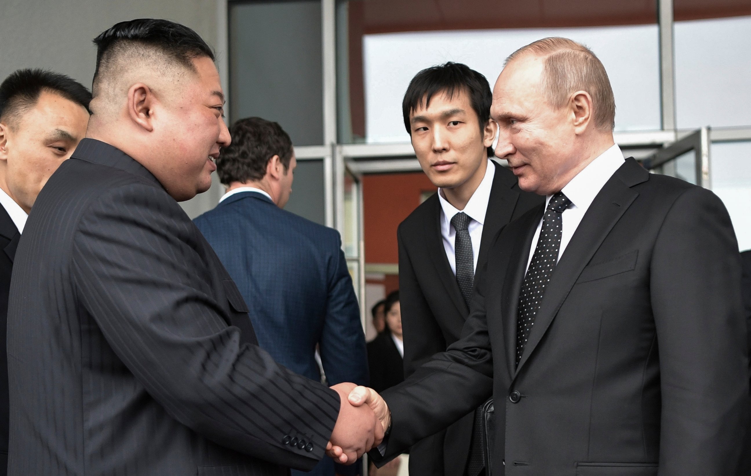 Russian President Vladimir Putin, right, and North Korea's leader Kim Jong Un shake hands after the talks in Vladivostok, Russia, Thursday, April 25, 2019. Russian President Vladimir Putin and North Korean leader Kim Jong Un said Thursday they had go