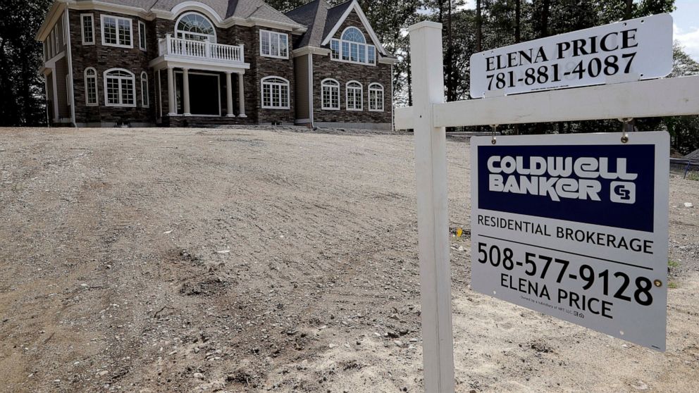 FILE - In this Sept. 3, 2019 file photo a sign rests in front of a newly constructed home, in Westwood, Mass. U.S. home prices rose in April for the eighth straight month, even as sales have stumbled, a sign the coronavirus outbreak has had little im