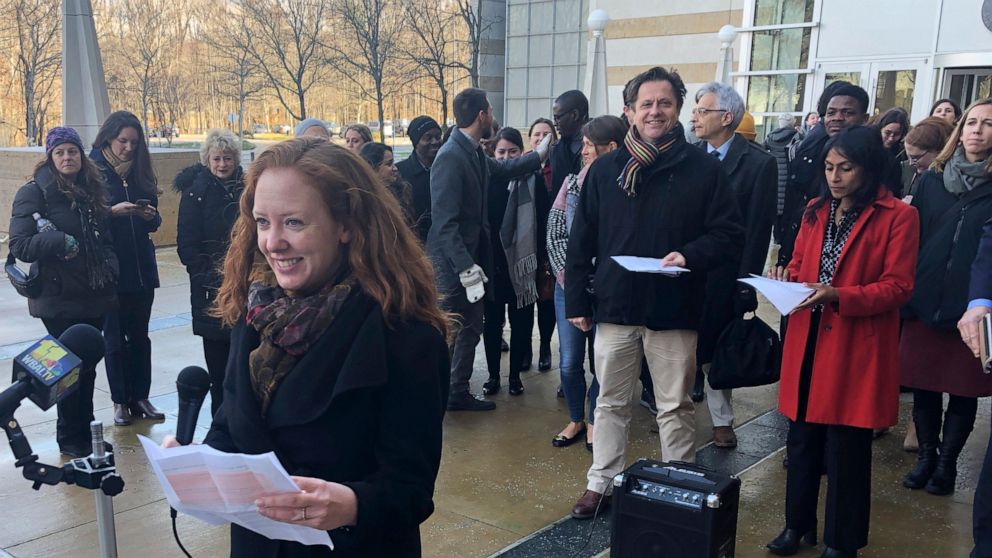 Linda Evarts, an attorney for the International Refugee Assistant Project, speaks to the media outside the federal courthouse in Greenbelt, Md., Wednesday, Jan. 8, 2020. A federal judge pressed a government lawyer to explain why President Donald Trum