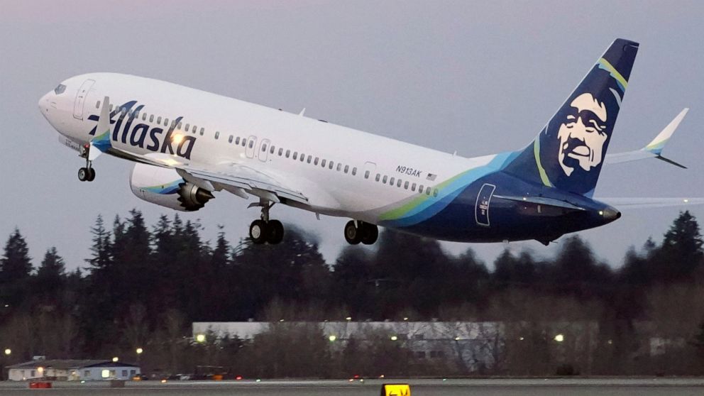 FILE - In this Monday, March 1, 2021 file photo, The first Alaska Airlines passenger flight on a Boeing 737-9 Max airplane takes off on a flight to San Diego from Seattle-Tacoma International Airport in Seattle. A Boeing pilot involved in testing the