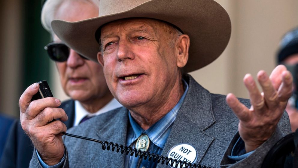 FILE - In this Jan. 10, 2018 file photo, Cliven Bundy talks to reporters outside Las Vegas Metropolitan Police Headquarters in Las Vegas. The 9th U.S. Circuit Court of Appeal in San Francisco on Thursday, Aug. 6, 2020, denied prosecutors' efforts to 