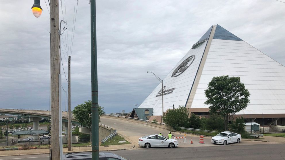 Transportation officers and police block an Interstate 40 onramp to the bridge over the Mississippi River near downtown Memphis, Tenn., on Tuesday, May 11, 2021. The Arkansas Department of Transportation tweeted on Tuesday that it found a crack durin