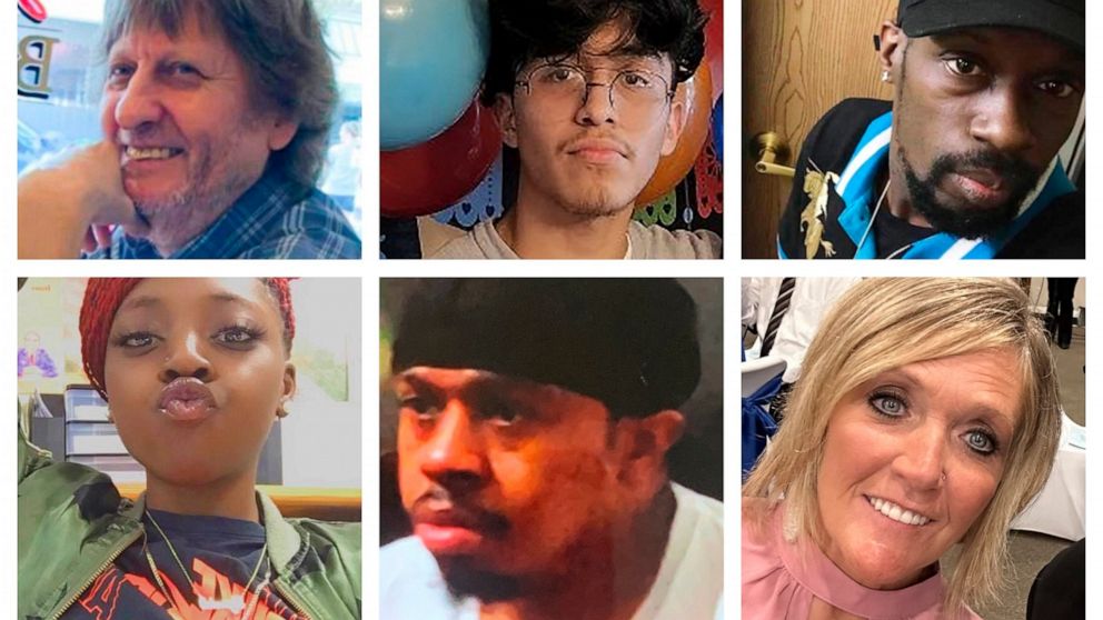 This combination of photos provided by the Chesapeake, Va., Police Department shows top row from left, Randy Blevins, Fernando Chavez-Barron, Lorenzo Gamble, and bottom row from left, Tyneka Johnson, Brian Pendleton and Kellie Pyle, who Chesapeake po