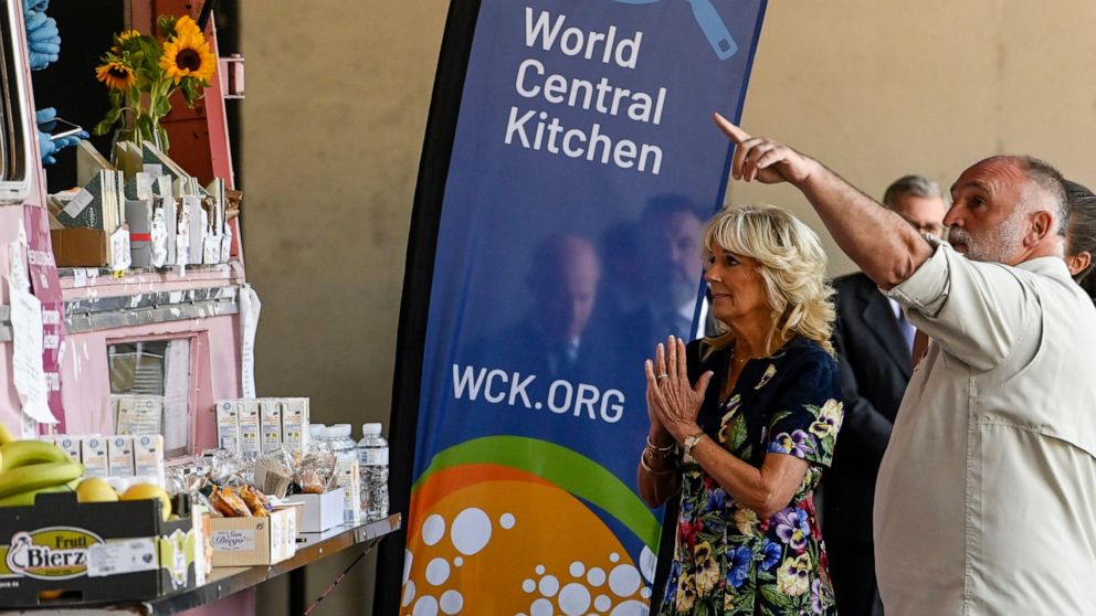 FILE - First lady Jill Biden and Spanish chef Jose Andres of the World Central Kitchen greet volunteers from the World Central Kitchen association during a visit to a reception center for Ukrainian refugees in Madrid, Spain, Tuesday, June 28, 2022. D