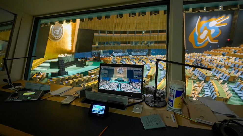 A translators booth overlooks the empty General Assembly hall at United Nations headquarters ahead of the General Assembly, Friday, Sept. 16, 2022. (AP Photo/Mary Altaffer)