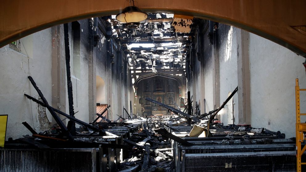 The interior of the San Gabriel Mission is damaged following a morning fire, Saturday, July 11, 2020, in San Gabriel, Calif. The fire destroyed the rooftop and most of the interior of the nearly 250-year-old California church that was undergoing reno