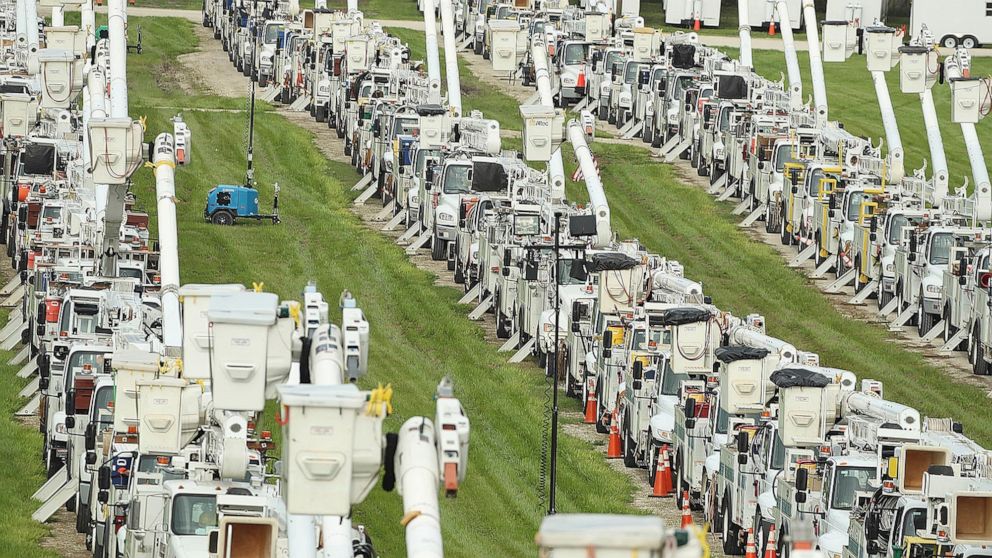 About 250 electrical utility trucks are lined up at Duke Energy's staging location in The Villages of Sumter County on Tuesday, July 6, 2021. Elsa may hit central Florida on Tuesday and Wednesday, with possible localized flooding. Duke Energy staged 