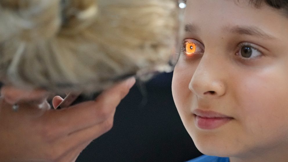 FILE - In this Saturday, May 29, 2021 file photo, A boy undergoes an eyesight examination performed by volunteer ophthalmologists, in Nucsoara, Romania. The U.N. General Assembly approved its first-ever resolution on vision Friday, July 23, 2021 call