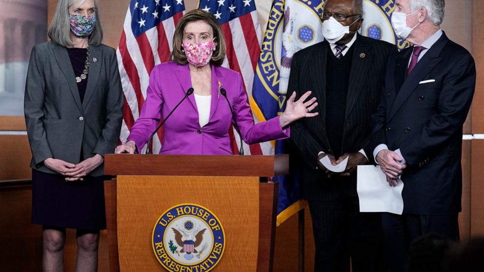 Speaker of the House Nancy Pelosi, D-Calif., holds a news conference ahead of the vote on the Democrat's $1.9 trillion COVID-19 relief bill, at the Capitol in Washington, Tuesday, March 9, 2021, as Rep. Katherine Clark, D-Mass., Majority Whip James C