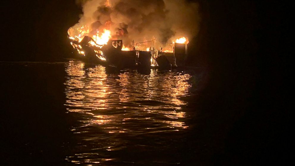 FILE - In this Sept. 2, 2019, file photo, provided by the Santa Barbara County Fire Department, a dive boat is engulfed in flames after a deadly fire broke out aboard the commercial scuba diving vessel off the Southern California Coast. The owners of