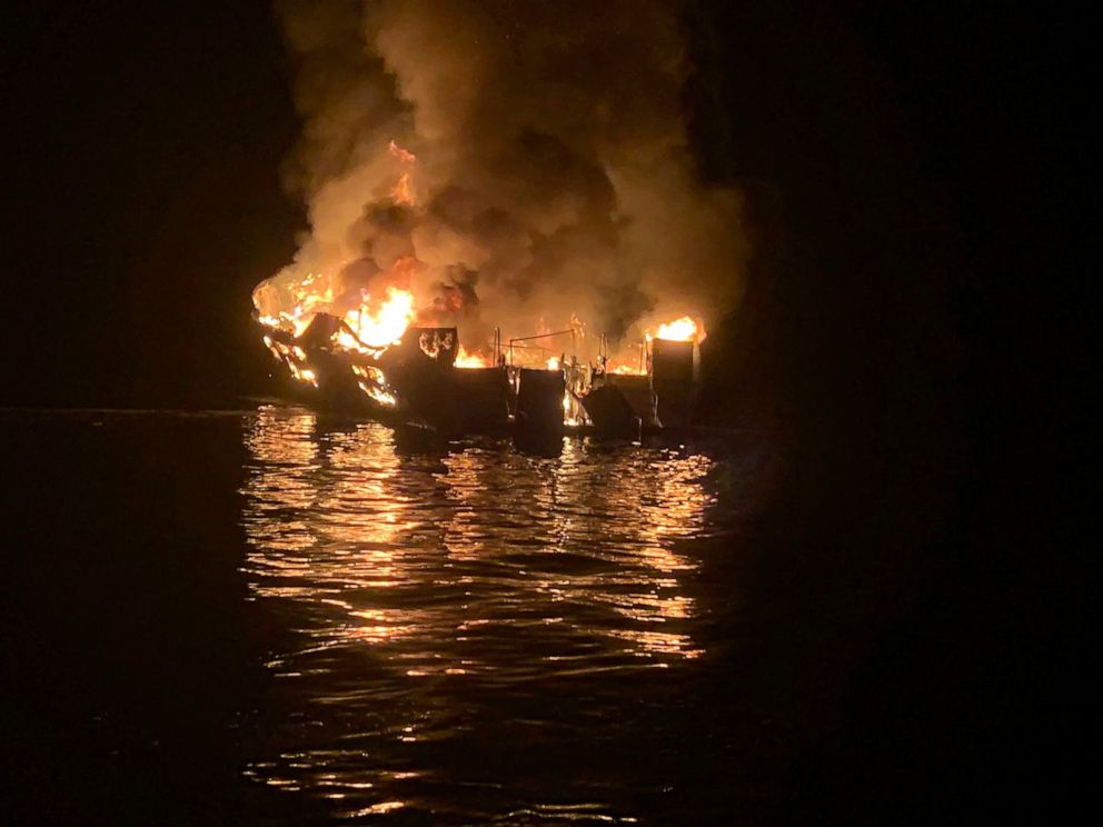 FILE - In this Sept. 2, 2019, file photo, provided by the Santa Barbara County Fire Department, a dive boat is engulfed in flames after a deadly fire broke out aboard the commercial scuba diving vessel off the Southern California Coast. The owners of