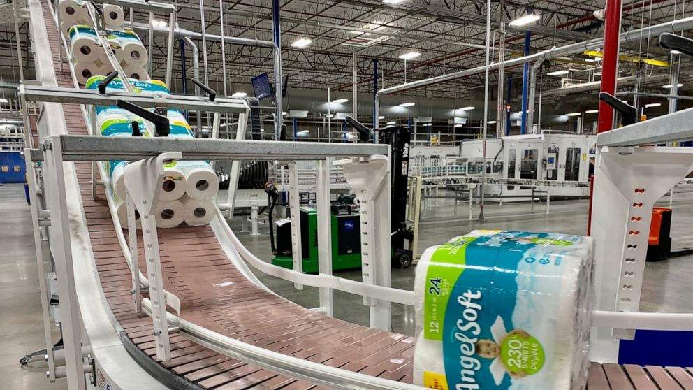 This undated photo provided by Georgia-Pacific shows the production line at the Georgia-Pacific plant in Atlanta. NCSolutions, a data and consulting firm, said online and in-store U.S. toilet paper sales rose 51% between Feb. 24, 2020 and March 10, a