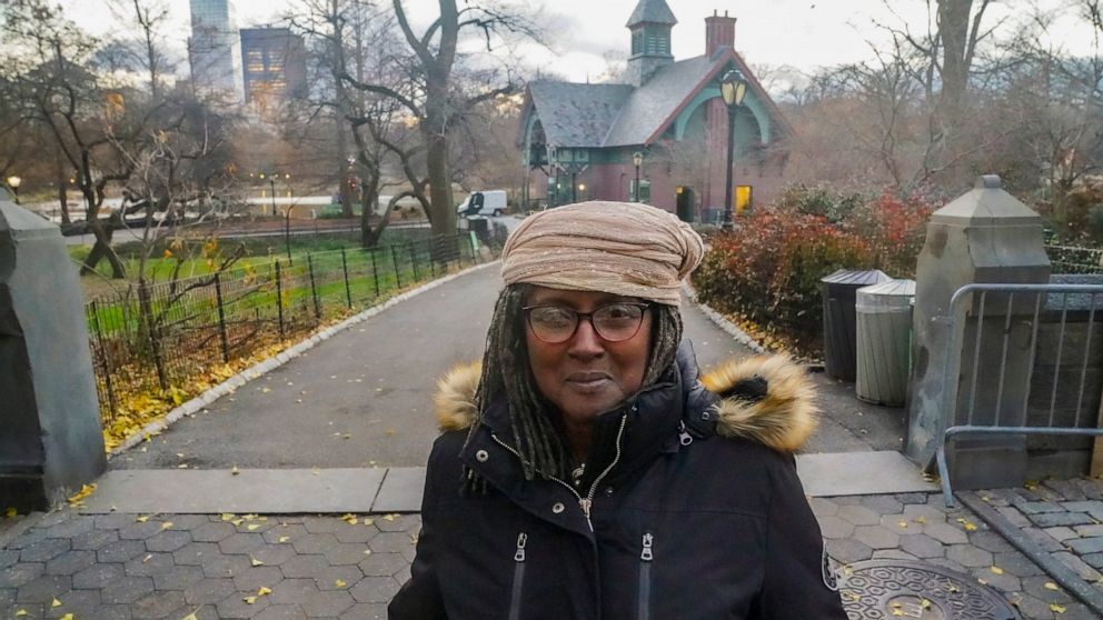 Sharonne Salaam, mother of Yusef Salaam who was one of five men exonerated after being wrongfully convicted as teenagers for the 1989 rape of a jogger in Central Park, stands at the park's northeast gateway which will be named "Gate of the Exonerated