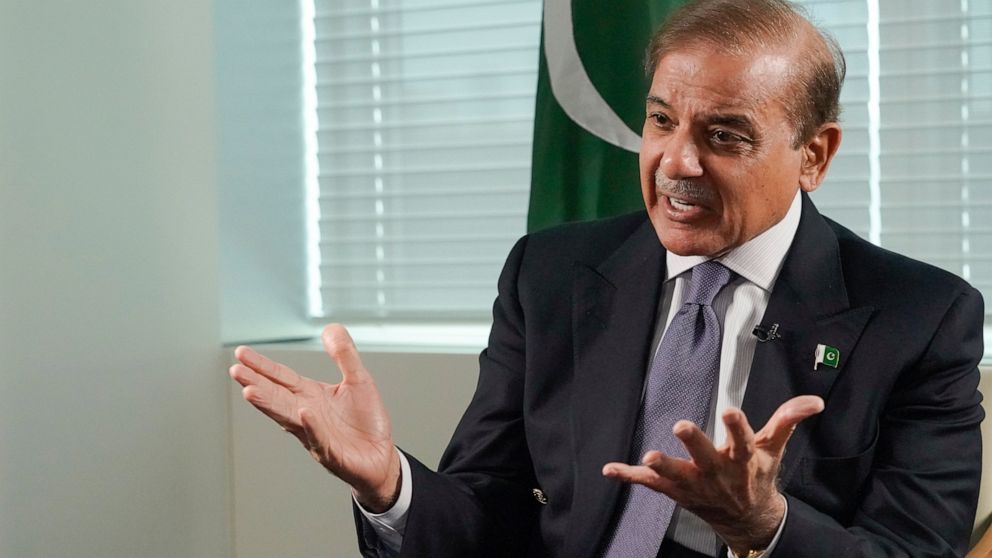Prime Minister of Pakistan Shehbaz Sharif speaks during an interview with The Associated Press, Thursday, Sept. 22, 2022 at United Nations headquarters. Sharif said he came to the United Nations to tell the world that his country is the victim of unp