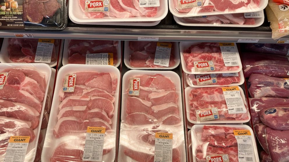 Shown are pork products at a grocery store in Roslyn, Pa., Tuesday, June 15, 2021. The Labor Department reported Thursday Oct. 14, that the monthly increase in its producer price index, which measures inflationary pressures before they reach consumer