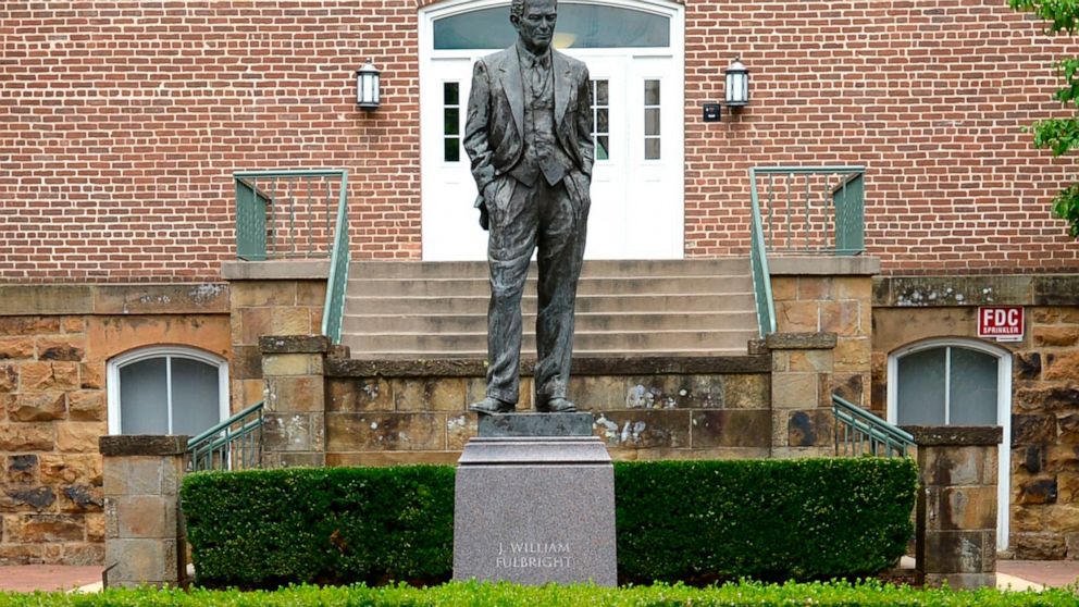 A statue of J. William Fulbright stands, Wednesday, July 1, 2020, near the west entrance of Old Main on the University of Arkansas campus in Fayetteville, Ark. A committee, comprised of students, faculty and staff members, and alumni, at the universi