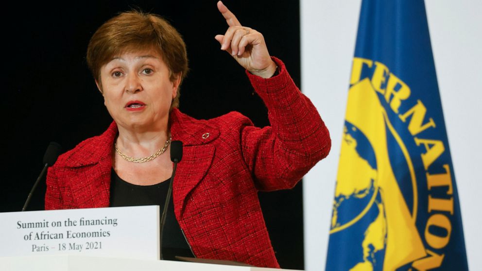 FILE - In this May 18, 2021 file photo, International Monetary Fund Managing Director Kristalina Georgieva speaks at the end of the Financing of African Economies Summit, in Paris. Georgieva met on Wednesday, Oct. 6 with her agency's executive board,