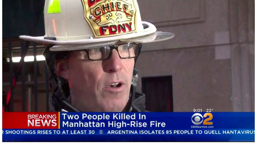 In this image taken from video and provided by WCBS-TV News, New York Fire Department Deputy Chief James Coyne speaks with members of the media after a deadly hi-rise fire, Saturday, Jan. 12, 2019 in New York. An elderly Manhattan couple died in the 