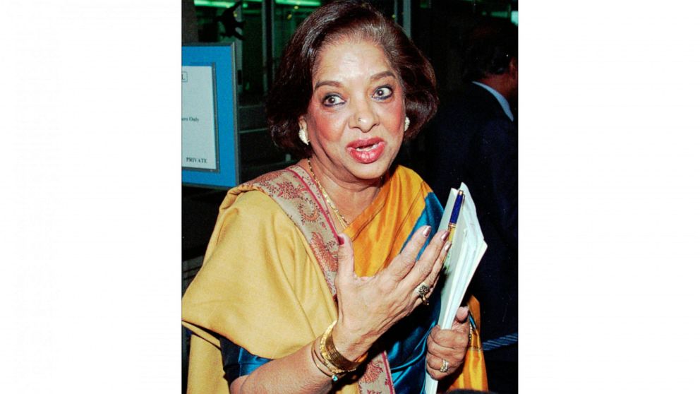 FILE - Nafis Sadik, Pakistani candidate to the post of World Health Organization director general, briefs the media after her presentation at the WHO Executive Board at Geneva, Switzerland, on Jan. 26, 1998. Sadik, a Pakistani doctor who championed w