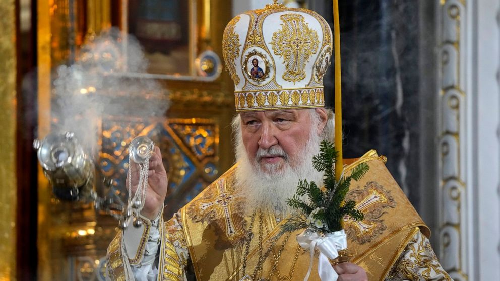 FILE - Russian Orthodox Patriarch Kirill delivers the Christmas Mass in the Christ the Saviour Cathedral in Moscow, Russia, Thursday, Jan. 6, 2022. (AP Photo/Alexander Zemlianichenko, File)