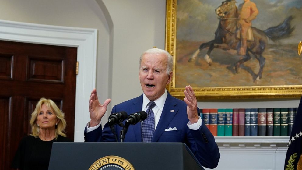 President Joe Biden speaks about the mass shooting at Robb Elementary School in Uvalde, Texas, from the White House, in Washington, Tuesday, May 24, 2022, as first lady Jill Biden listens. (AP Photo/Manuel Balce Ceneta)