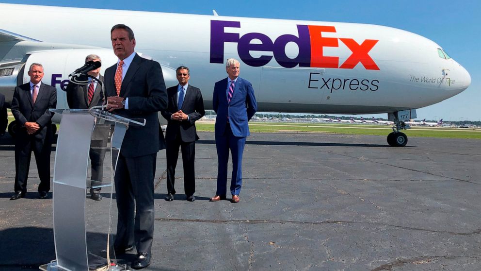Tennessee Gov. Bill Lee addresses reporters at a news conference announcing an investment by shipping giant FedEx Corp. of $450 billion to help modernize its Memphis hub on Friday. Aug.2, 2019 in Memphis, Tenn. (AP Photo/Adrian Sainz)