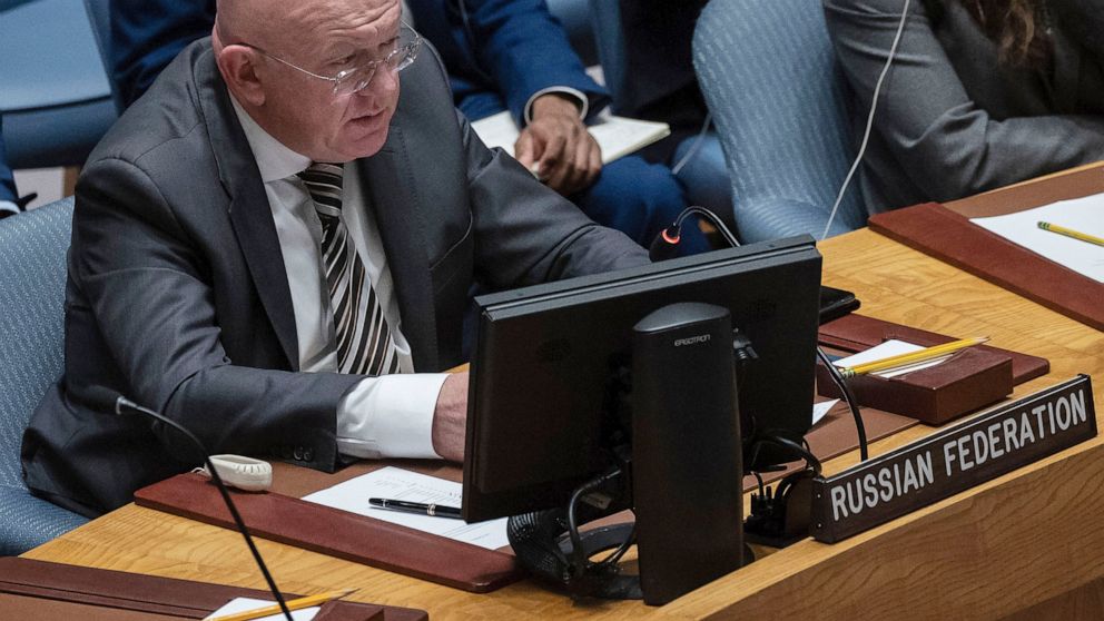 Russian Ambassador to the United Nations Vassily Nebenzia speaks during a meeting, in the United Nations Security Council, Wednesday, Sept. 7, 2022. (AP Photo/Yuki Iwamura)