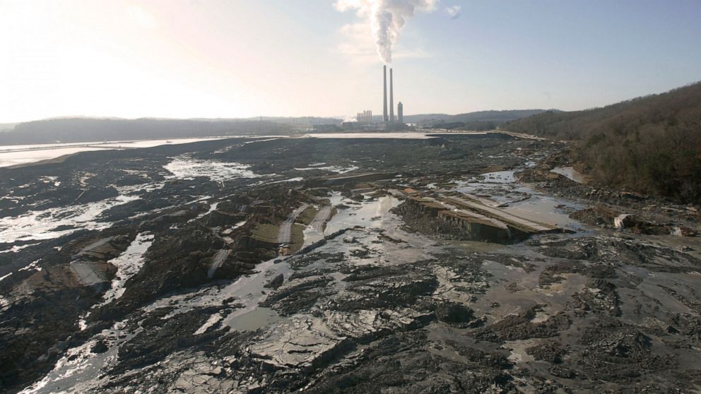 FILE - The aftermath of a retention pond wall collapse at the TVA Kingston Fossil Plant in Harriman, Tenn., is seen on Dec. 22, 2008. A coalition of environmental groups sued the Environmental Protection Agency on Thursday, Aug. 25, 2022, over its re