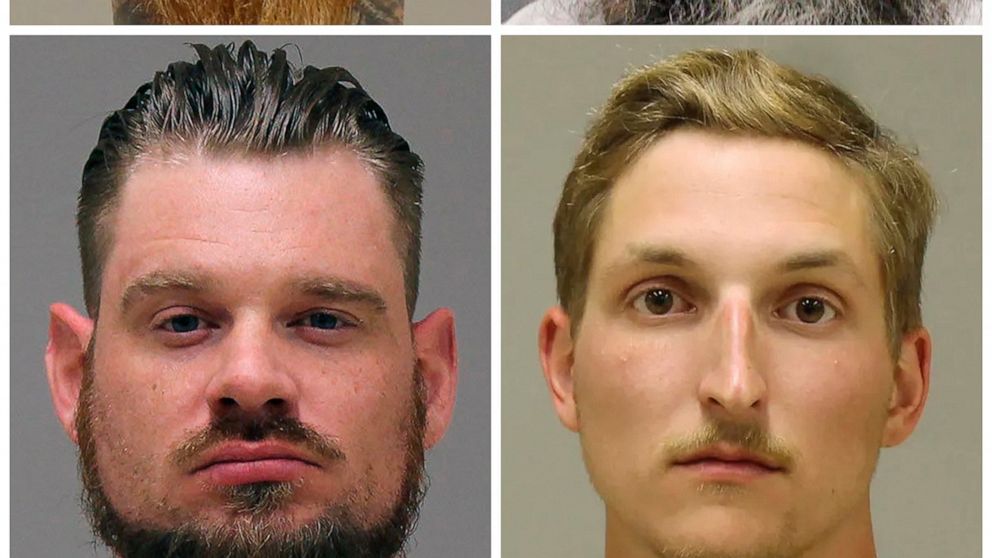 FILE - This combination of photos provided by the Kent County Sheriff and the Delaware Department of Justice shows, top row from left, Brandon Caserta and Barry Croft; and bottom row from left, Adam Dean Fox and Daniel Harris. The four members of ant