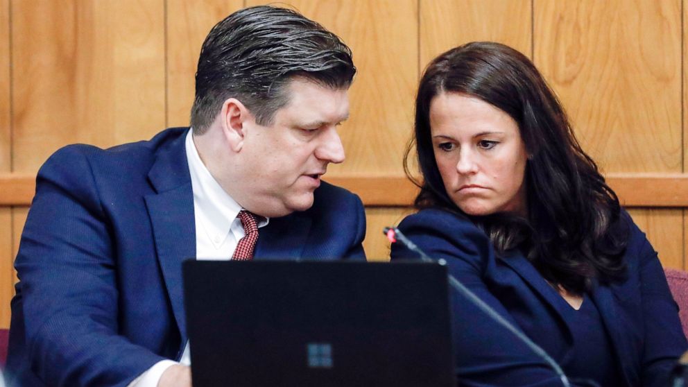 Defense attorneys Chad Frese and Jennifer Frese confer during a hearing for their client Cristhian Bahena Rivera at the Poweshiek County Courthouse in Montezuma, Iowa, on Thursday, July 15, 2021. Bahena Rivera was convicted of killing University of I