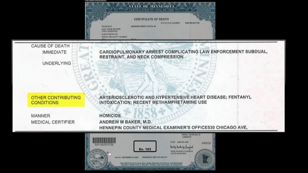 This image from video shows the certificate of death of George Floyd that was entered into evidence, as Hennepin County Judge Peter Cahill presides over court Firday, April 9, 2021, in the trial of former Minneapolis police Officer Derek Chauvin, at 