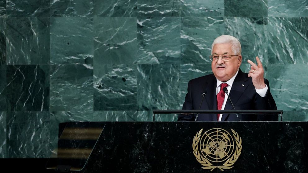 Palestinian President Mahmoud Abbas addresses the 77th session of the United Nations General Assembly, Friday, Sept. 23, 2022, at the U.N. headquarters. (AP Photo/Julia Nikhinson)