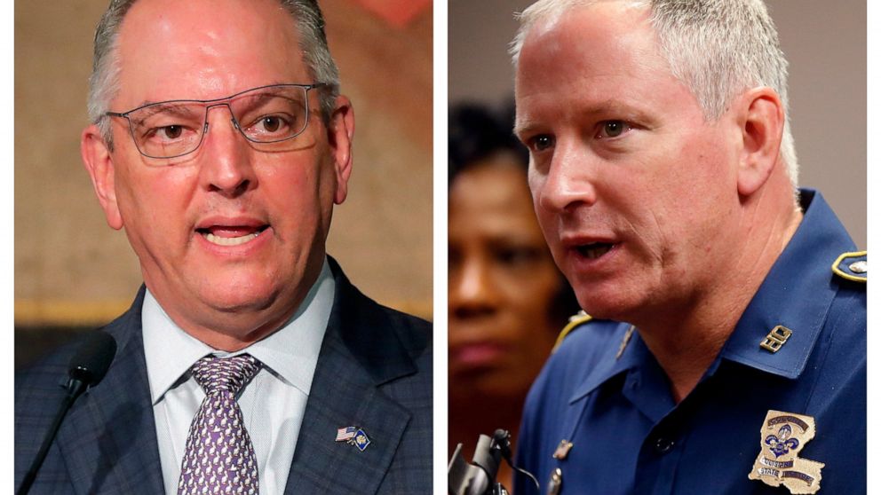 This combination of 2020 and 2017 photos shows Louisiana Gov. John Bel Edwards, left, and Louisiana State Police Supt. Kevin Reeves in Baton Rouge, La. Louisiana lawmakers investigating the deadly 2019 arrest of Black motorist Ronald Greene are prepa