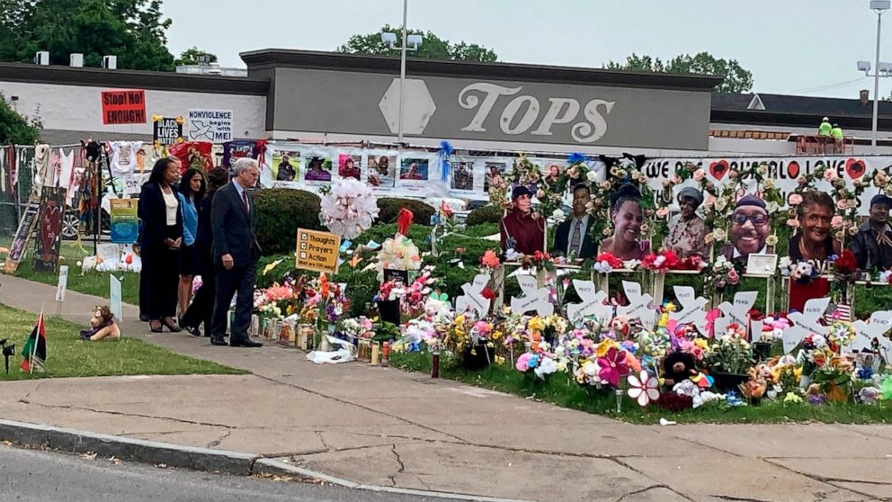 Attorney General Merrick Garland. visits the Tops Friendly Market grocery store in Buffalo, N.Y., on Wednesday, June 15, 2022, the site of a May 14 mass shooting in which 10 Black people were killed. Garland was in Buffalo to announce federal hate cr